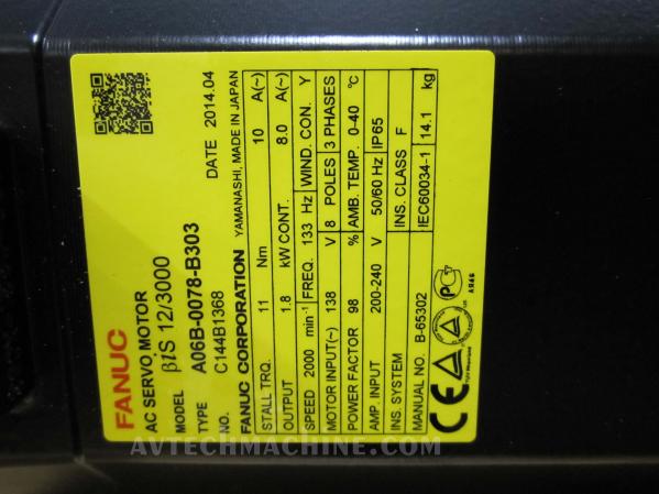 A06B-0078-B303 Fanuc Beta Servo Motor Bis12/3000